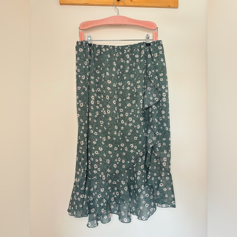 #241 Floral Green Maxi Skirt with Frill